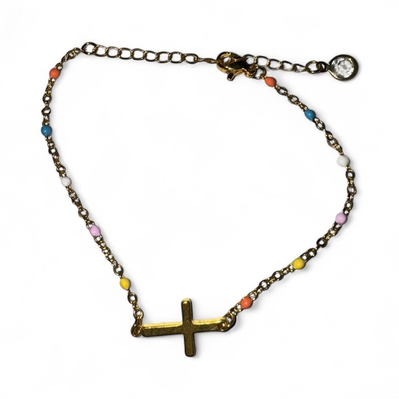 None Jewelry - Gold Cross Bracelet with Multicolor Beads